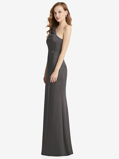 【NEW】【STYLE: LB028】shirred ワンショルダー サテン トランペット ドレス  -  マディ【COLOR: Caviar Gray】【SIZE: 00-30W】