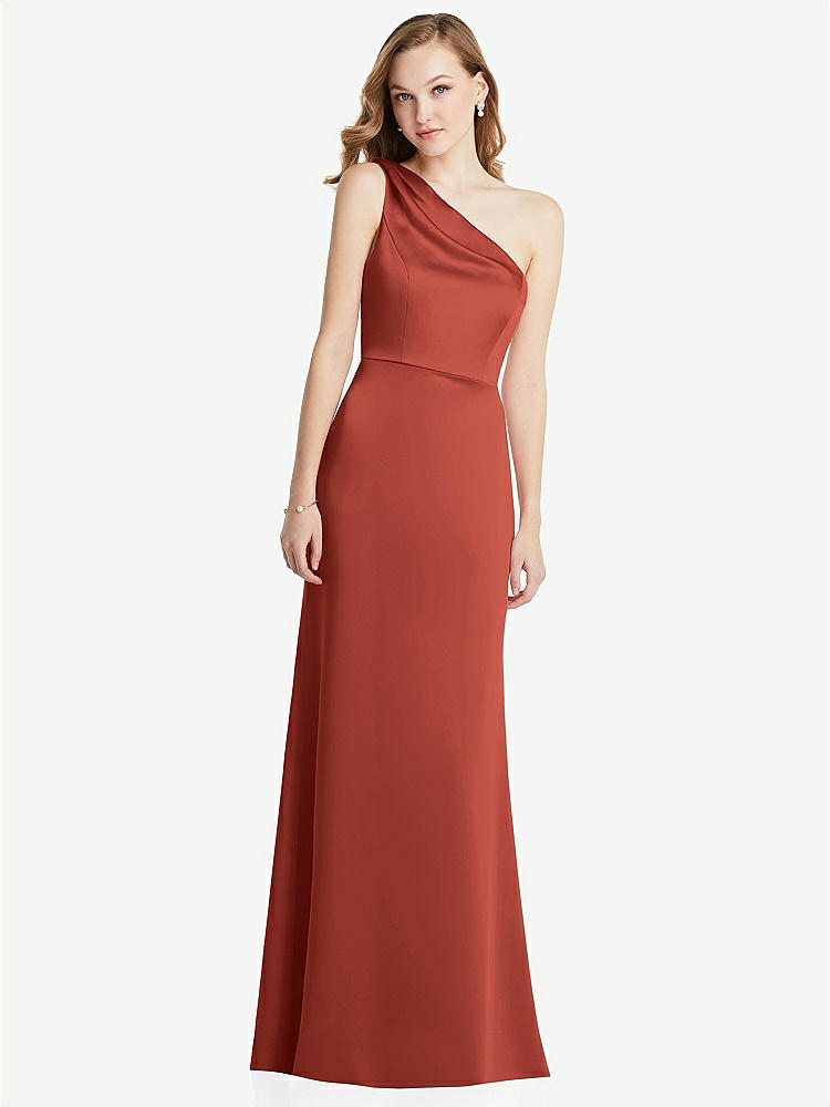 【STYLE: LB028】Shirred One-Shoulder Satin Trumpet Dress - Maddie【COLOR: Amber Sunset】