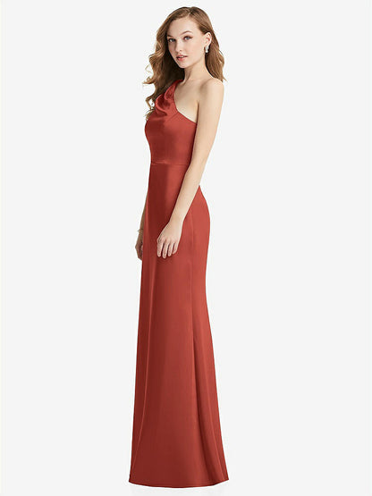 【STYLE: LB028】Shirred One-Shoulder Satin Trumpet Dress - Maddie【COLOR: Amber Sunset】