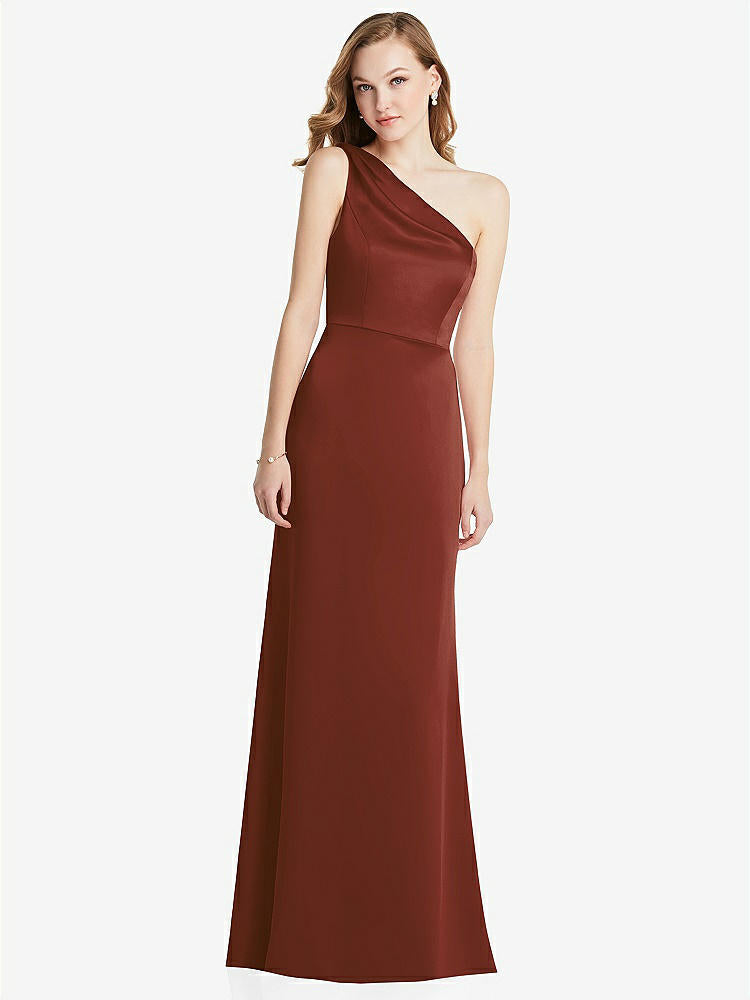 【STYLE: LB028】Shirred One-Shoulder Satin Trumpet Dress - Maddie【COLOR: Auburn Moon】