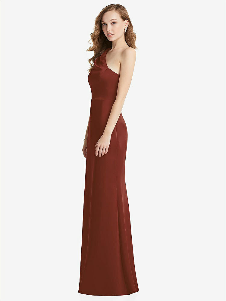 【STYLE: LB028】Shirred One-Shoulder Satin Trumpet Dress - Maddie【COLOR: Auburn Moon】