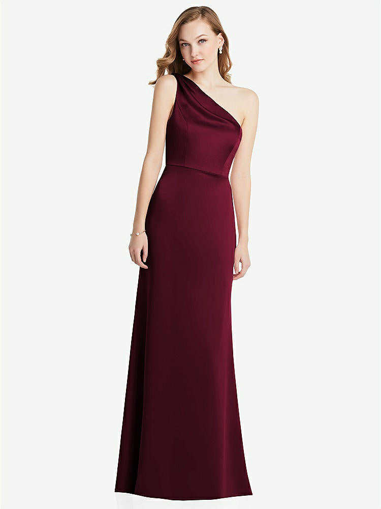 【NEW】【STYLE: LB028】shirred ワンショルダー サテン トランペット ドレス  -  マディ【COLOR: Cabernet】【SIZE: 00-30W】