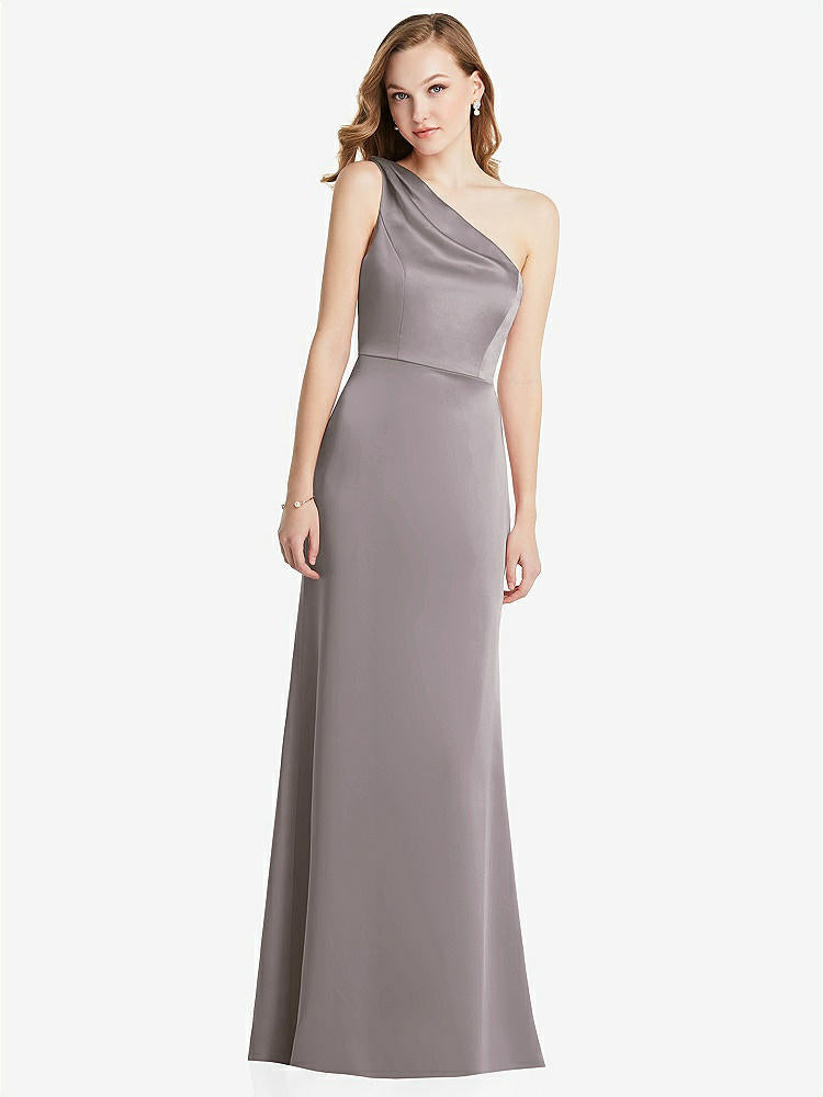 【NEW】【STYLE: LB028】shirred ワンショルダー サテン トランペット ドレス  -  マディ【COLOR: Cashmere Gray】【SIZE: 00-30W】