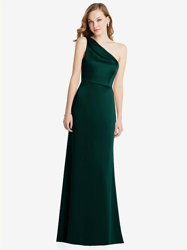 【STYLE: LB028】Shirred One-Shoulder Satin Trumpet Dress - Maddie【COLOR: Evergreen】