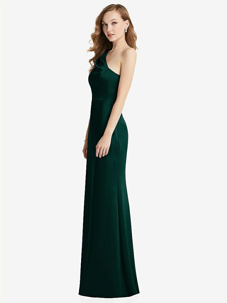【STYLE: LB028】Shirred One-Shoulder Satin Trumpet Dress - Maddie【COLOR: Evergreen】