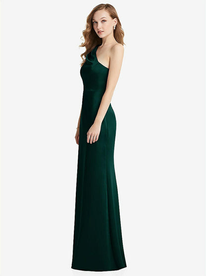 【STYLE: LB028】Shirred One-Shoulder Satin Trumpet Dress - Maddie【COLOR: Evergreen】