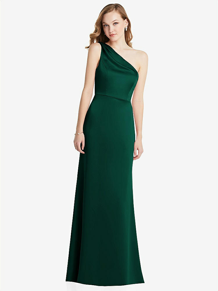 【STYLE: LB028】Shirred One-Shoulder Satin Trumpet Dress - Maddie【COLOR: Hunter Green】