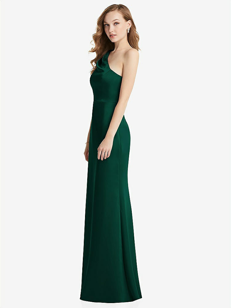 【STYLE: LB028】Shirred One-Shoulder Satin Trumpet Dress - Maddie【COLOR: Hunter Green】