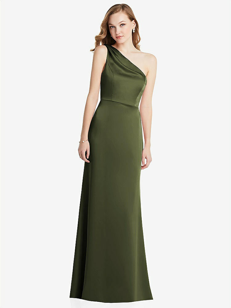 【STYLE: LB028】Shirred One-Shoulder Satin Trumpet Dress - Maddie【COLOR: Olive Green】