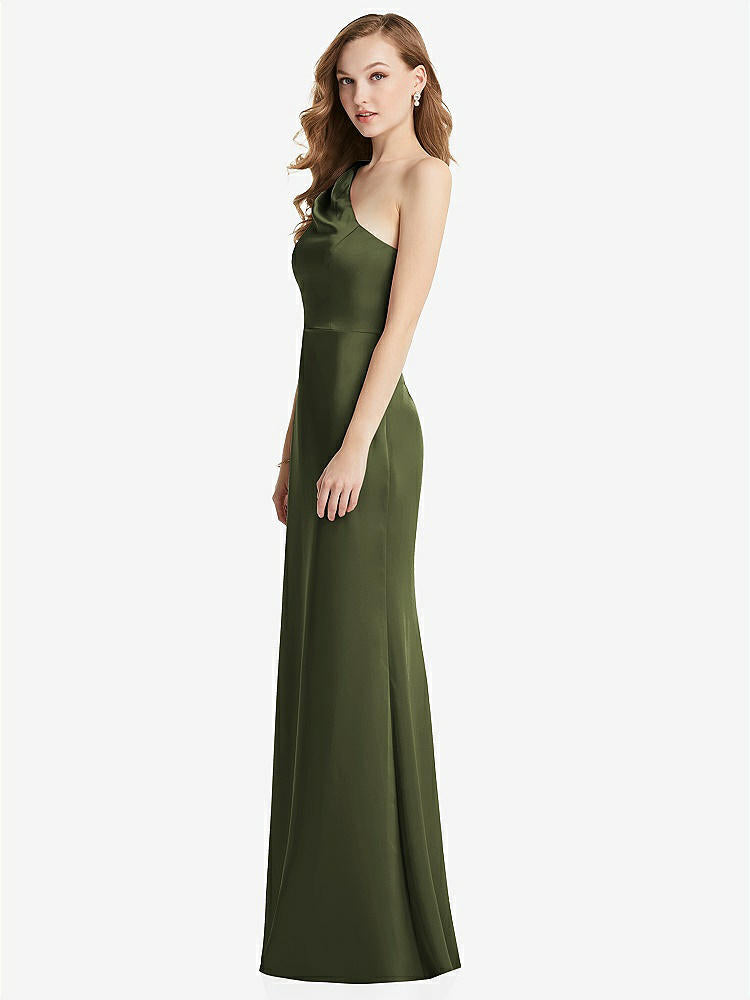 【STYLE: LB028】Shirred One-Shoulder Satin Trumpet Dress - Maddie【COLOR: Olive Green】