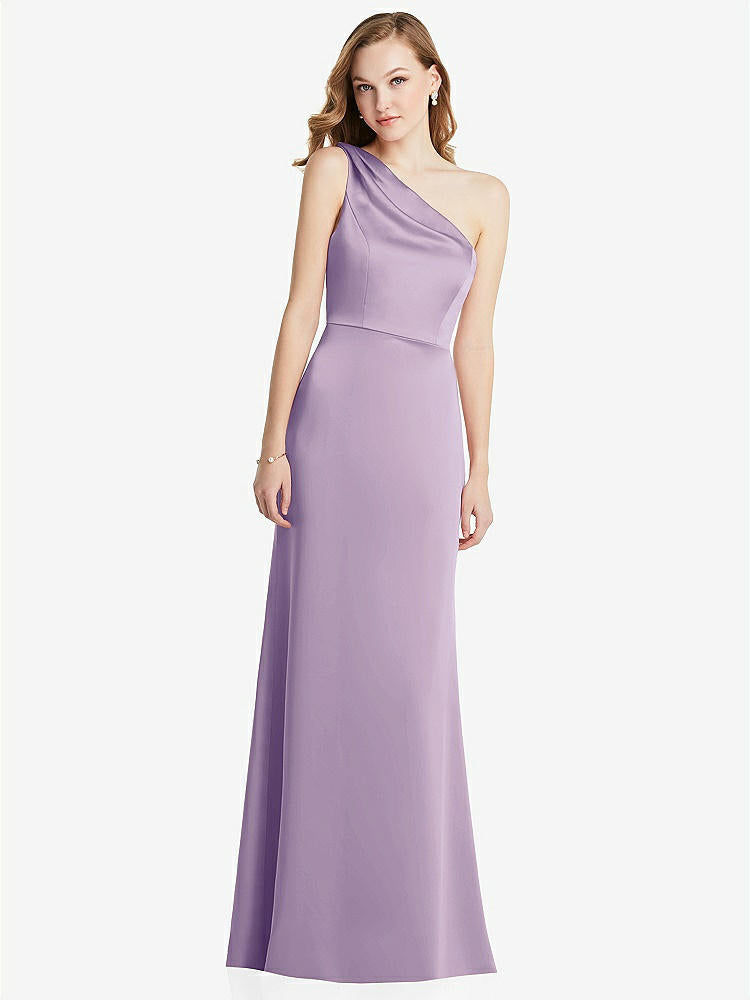 【NEW】【STYLE: LB028】shirred ワンショルダー サテン トランペット ドレス  -  マディ【COLOR: Pale Purple】【SIZE: 00-30W】