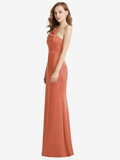 【STYLE: LB028】Shirred One-Shoulder Satin Trumpet Dress - Maddie【COLOR: Terracotta Copper】
