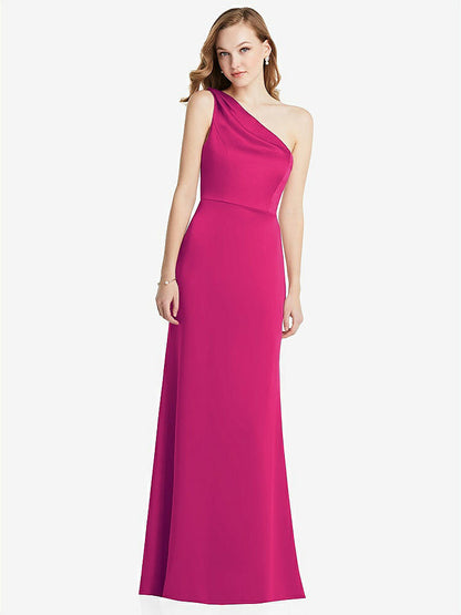 【NEW】【STYLE: LB028】shirred ワンショルダー サテン トランペット ドレス  -  マディ【COLOR: Think Pink】【SIZE: 00-30W】