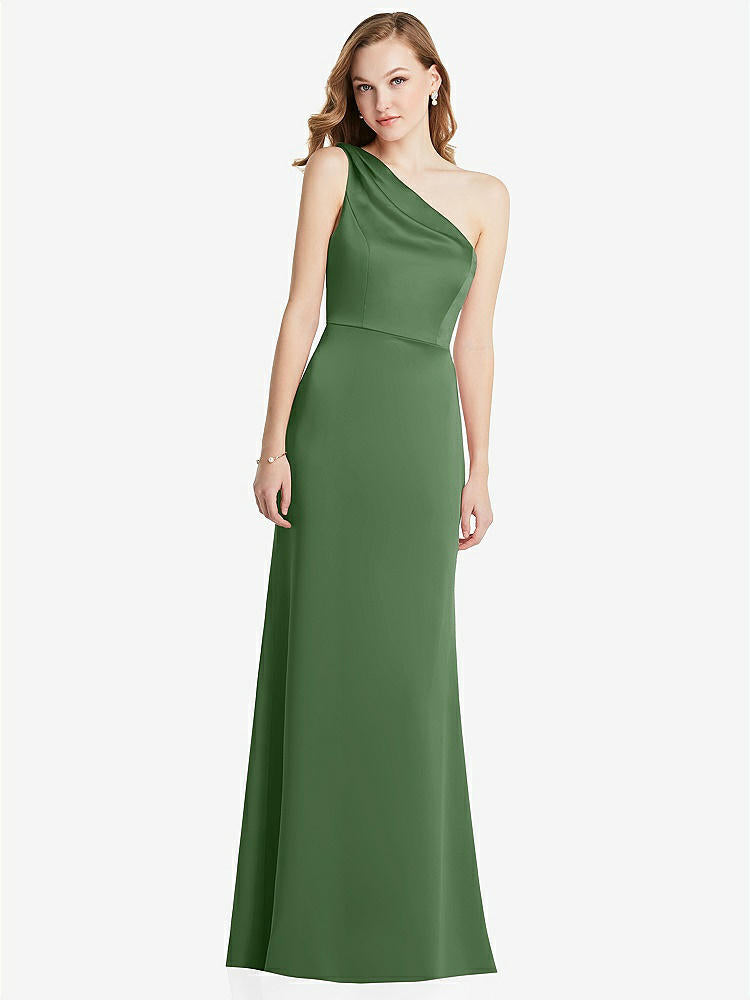 【STYLE: LB028】Shirred One-Shoulder Satin Trumpet Dress - Maddie【COLOR: Vineyard Green】