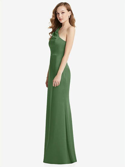 【STYLE: LB028】Shirred One-Shoulder Satin Trumpet Dress - Maddie【COLOR: Vineyard Green】