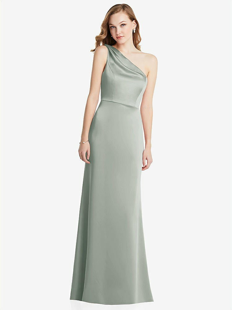 【STYLE: LB028】Shirred One-Shoulder Satin Trumpet Dress - Maddie【COLOR: Willow Green】