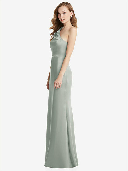 【STYLE: LB028】Shirred One-Shoulder Satin Trumpet Dress - Maddie【COLOR: Willow Green】