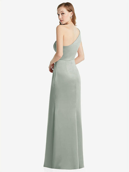 【STYLE: LB028】Shirred One-Shoulder Satin Trumpet Dress - Maddie【COLOR: Willow Green】