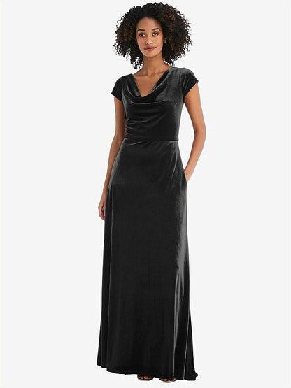 【STYLE: 1535】Cowl-Neck Cap Sleeve Velvet Maxi Dress with Pockets【COLOR: Black】