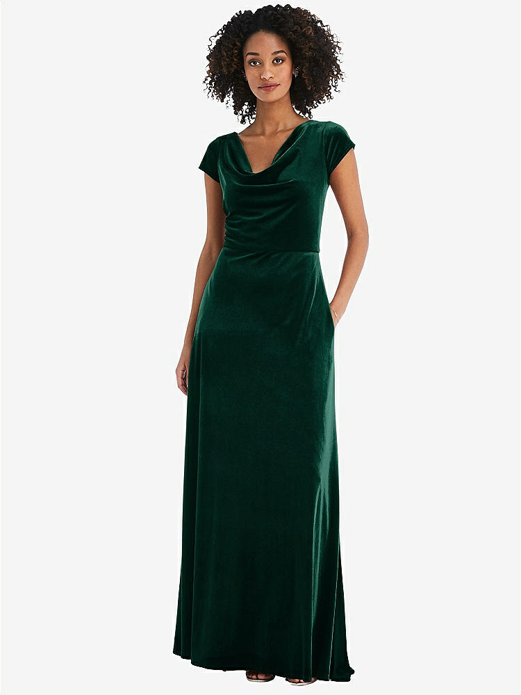 【STYLE: 1535】Cowl-Neck Cap Sleeve Velvet Maxi Dress with Pockets【COLOR: Evergreen】