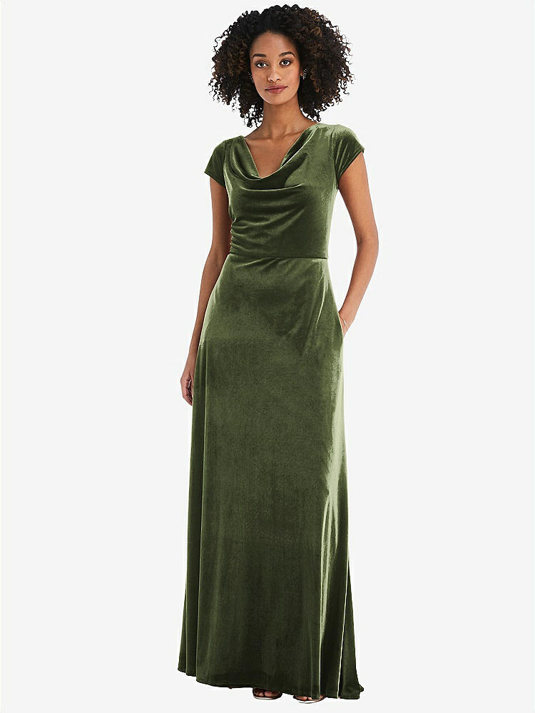 【STYLE: 1535】Cowl-Neck Cap Sleeve Velvet Maxi Dress with Pockets【COLOR: Olive Green】