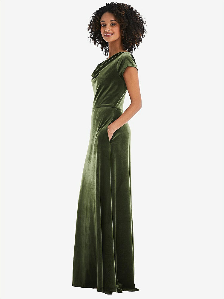 【STYLE: 1535】Cowl-Neck Cap Sleeve Velvet Maxi Dress with Pockets【COLOR: Olive Green】