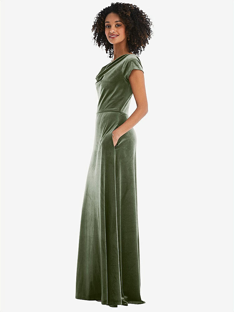 【STYLE: 1535】Cowl-Neck Cap Sleeve Velvet Maxi Dress with Pockets【COLOR: Sage】