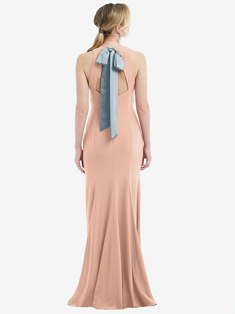 【STYLE: 3084】Cutout Open-Back Halter Maxi Dress with Scarf Tie【COLOR: Pale Peach &amp; Mist】