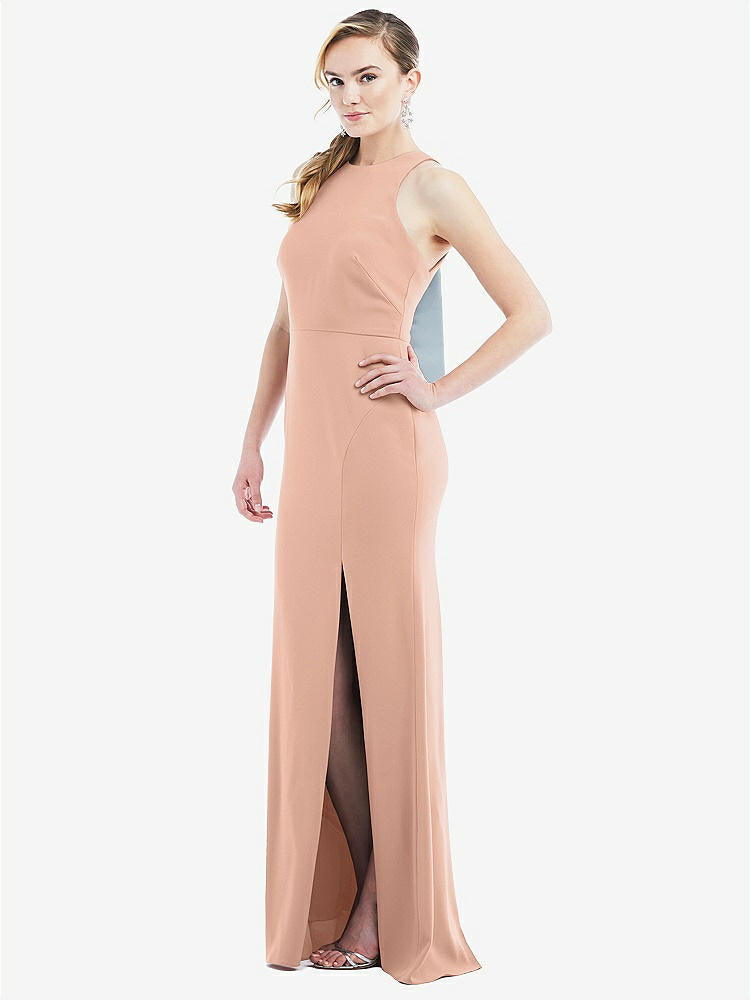 【STYLE: 3084】Cutout Open-Back Halter Maxi Dress with Scarf Tie【COLOR: Pale Peach &amp; Mist】