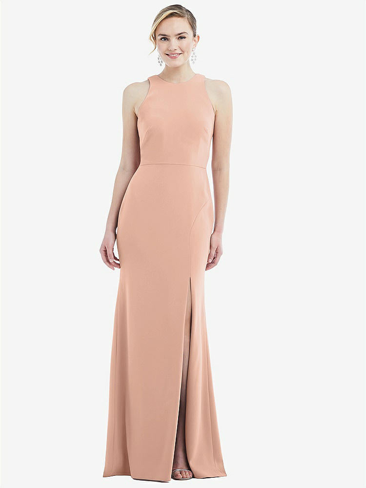 【STYLE: 3084】Cutout Open-Back Halter Maxi Dress with Scarf Tie【COLOR: Pale Peach &amp; Mist】