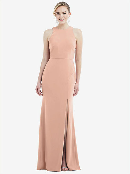 【STYLE: 3084】Cutout Open-Back Halter Maxi Dress with Scarf Tie【COLOR: Pale Peach &amp; Mist】