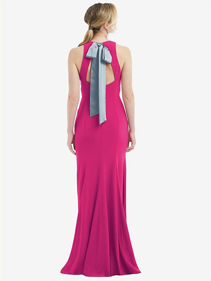 【NEW】【STYLE: 3084】カットアウト オープンバック ホルター マキシ ドレス スカーフ ネクタイ【COLOR: Think Pink &amp; Mist】【SIZE: 00-30W】