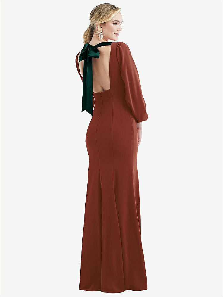 【STYLE: 3086】Bishop Sleeve Open-Back Trumpet Gown with Scarf Tie【COLOR: Auburn Moon &amp; Evergreen】