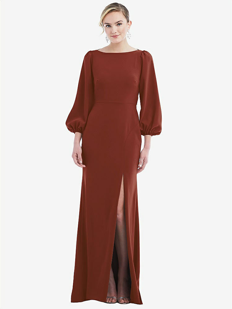 【STYLE: 3086】Bishop Sleeve Open-Back Trumpet Gown with Scarf Tie【COLOR: Auburn Moon &amp; Evergreen】
