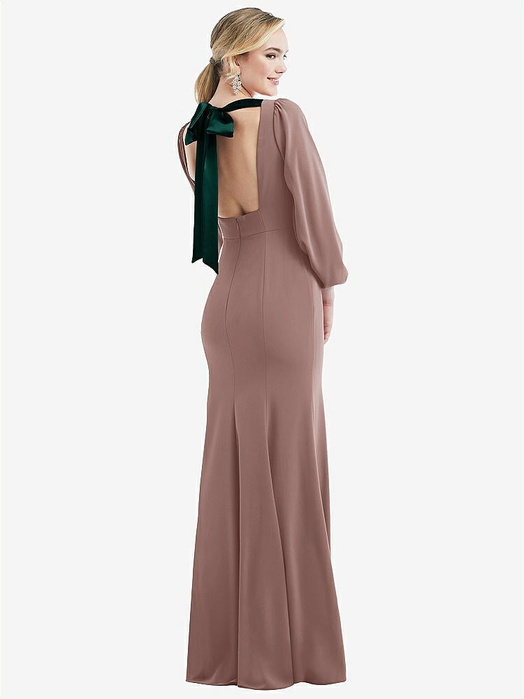 【STYLE: 3086】Bishop Sleeve Open-Back Trumpet Gown with Scarf Tie【COLOR: Sienna &amp; Evergreen】