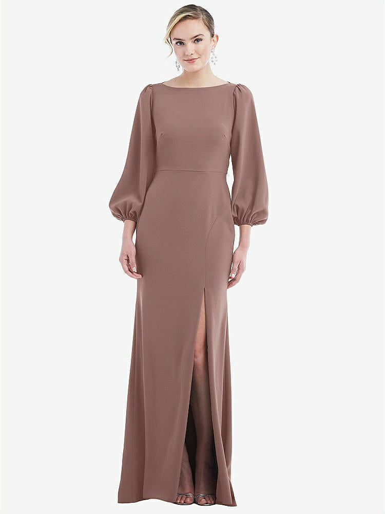 【STYLE: 3086】Bishop Sleeve Open-Back Trumpet Gown with Scarf Tie【COLOR: Sienna &amp; Evergreen】