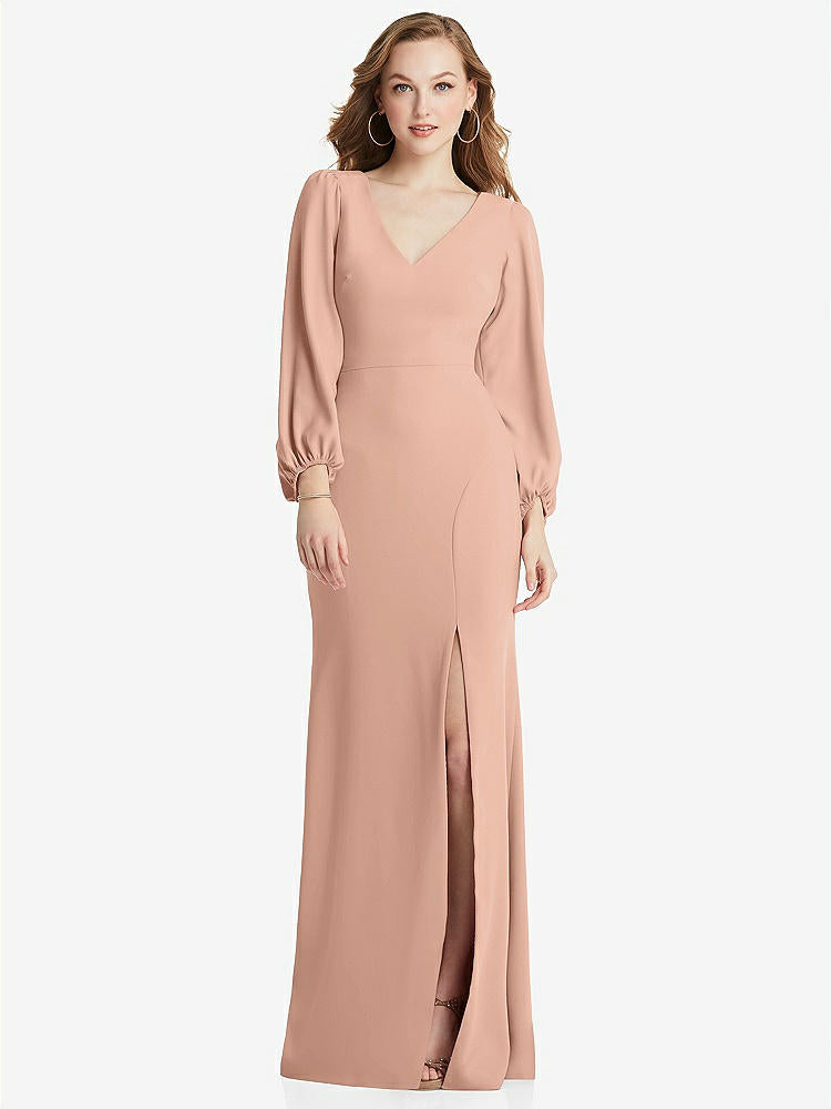 【NEW】【STYLE: 3083】長い パフ 袖 Vネック トランペット ガウン【COLOR: Pale Peach】【SIZE: 00-30W】