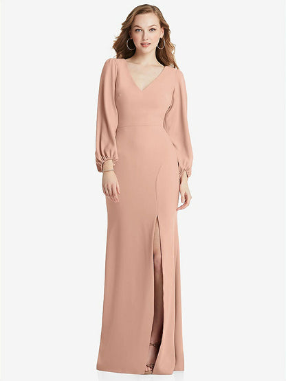 【NEW】【STYLE: 3083】長い パフ 袖 Vネック トランペット ガウン【COLOR: Pale Peach】【SIZE: 00-30W】