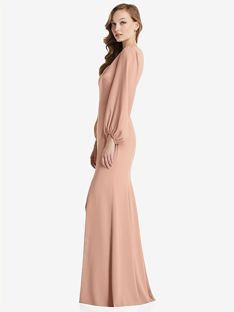 【NEW】【STYLE: 3083】長い パフ 袖 Vネック トランペット ガウン【COLOR: Pale Peach】【SIZE: 00-30W】