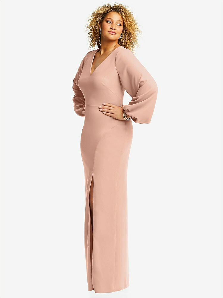 【NEW】【STYLE: 3083】長い パフ 袖 Vネック トランペット ガウン【COLOR: Pale Peach】【SIZE: 00-30W】