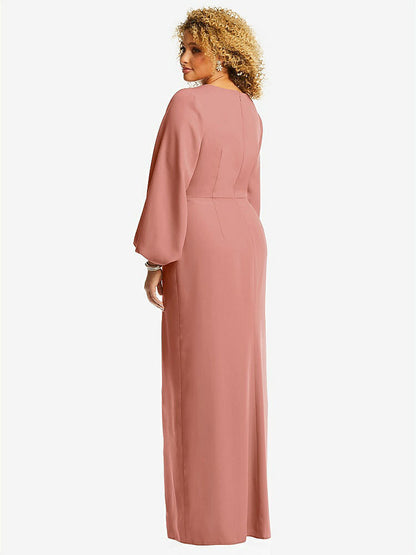 【NEW】【STYLE: 3083】長い パフ 袖 Vネック トランペット ガウン【COLOR: Desert Rose】【SIZE: 00-30W】