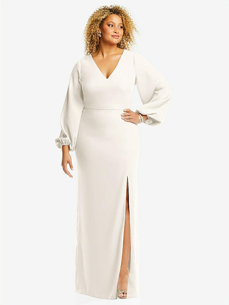 【STYLE: 3083】Long Puff Sleeve V-Neck Trumpet Gown【COLOR: Ivory】