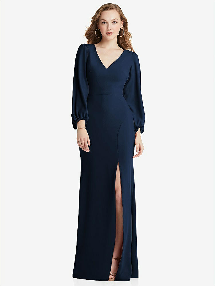 【NEW】【STYLE: 3083】長い パフ 袖 Vネック トランペット ガウン【COLOR: Midnight Navy】【SIZE: 00-30W】