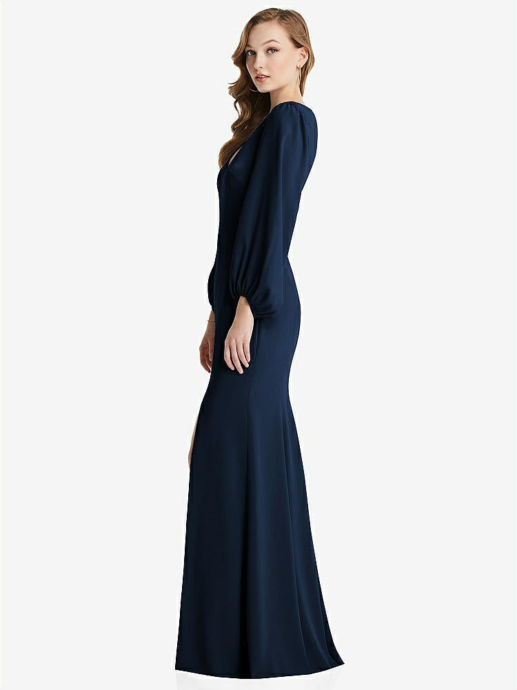 【NEW】【STYLE: 3083】長い パフ 袖 Vネック トランペット ガウン【COLOR: Midnight Navy】【SIZE: 00-30W】