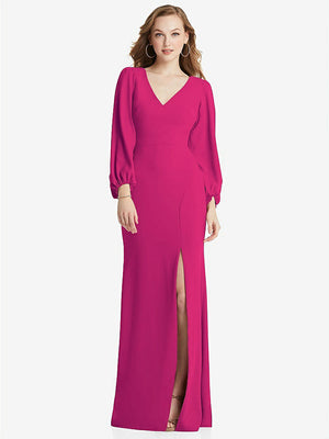 【STYLE: 3083】Long Puff Sleeve V-Neck Trumpet Gown【COLOR: Think Pink】