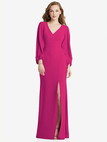 【STYLE: 3083】Long Puff Sleeve V-Neck Trumpet Gown【COLOR: Think Pink】