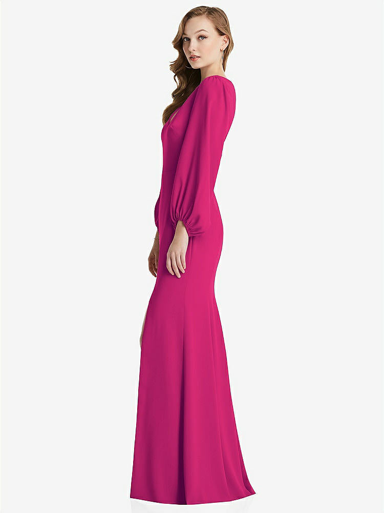 【STYLE: 3083】Long Puff Sleeve V-Neck Trumpet Gown【COLOR: Think Pink】