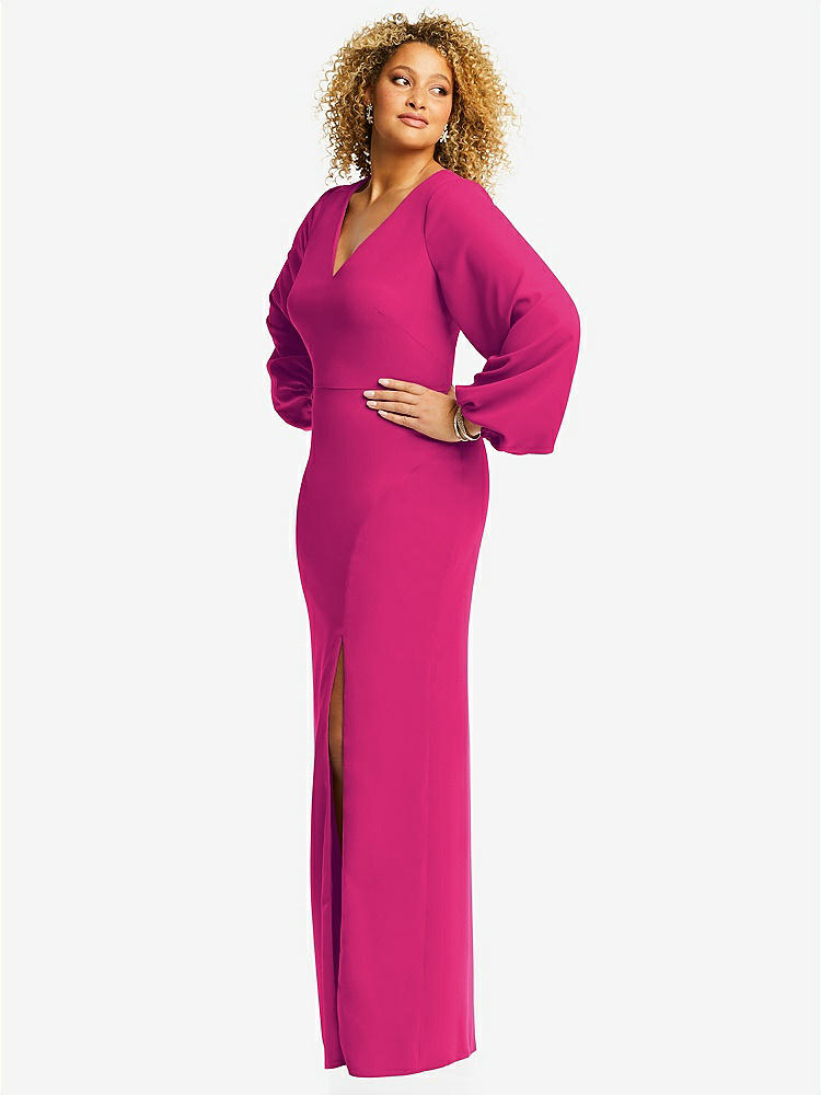 【STYLE: 3083】Long Puff Sleeve V-Neck Trumpet Gown【COLOR: Think Pink】