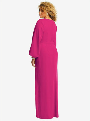 【STYLE: 3083】Long Puff Sleeve V-Neck Trumpet Gown【COLOR: Think Pink】