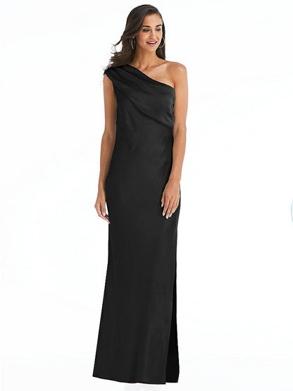【STYLE: 8210】Draped One-Shoulder Convertible Maxi Slip Dress【COLOR: Black】